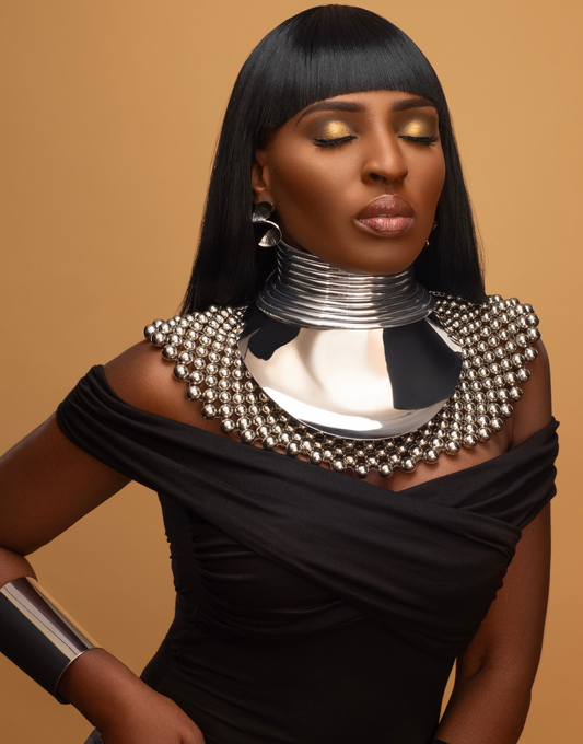 FAYOUM African Statement Maxi Silver Beaded Choker Necklace & Bracelet