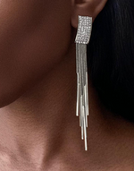 Charger l&#39;image dans la galerie, LOVE Clip-On Earrings Long Tassel Drop Silver Rhinestones Crystal

