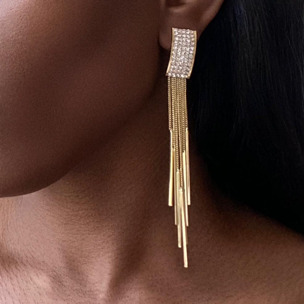 LOVE Clip-On Earrings Long Tassel Drop Gold Rhinestones Crystal