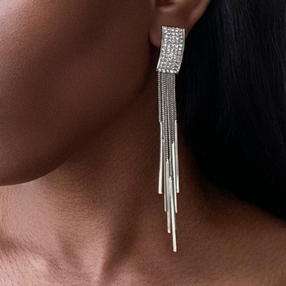 LOVE Clip-On Earrings Long Tassel Drop Silver Rhinestones Crystal