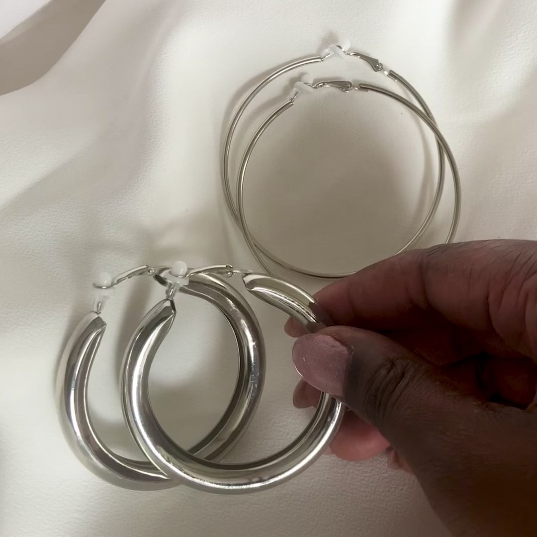 CAIRO Clip-On Oversized Thin Hoop Earrings Silver