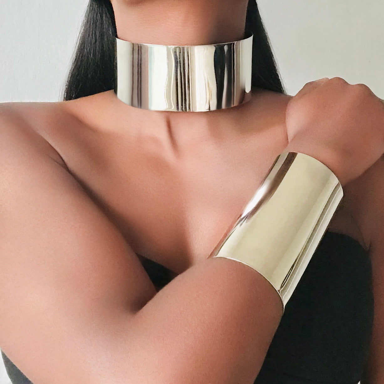 CLEOPATRA Statement Silver Choker & Bracelet Manchette Set