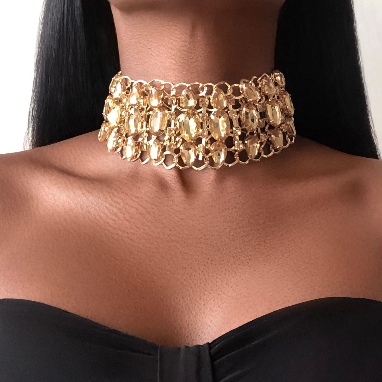 MALLAWI Rhinestones Gold Crystal Choker Necklace