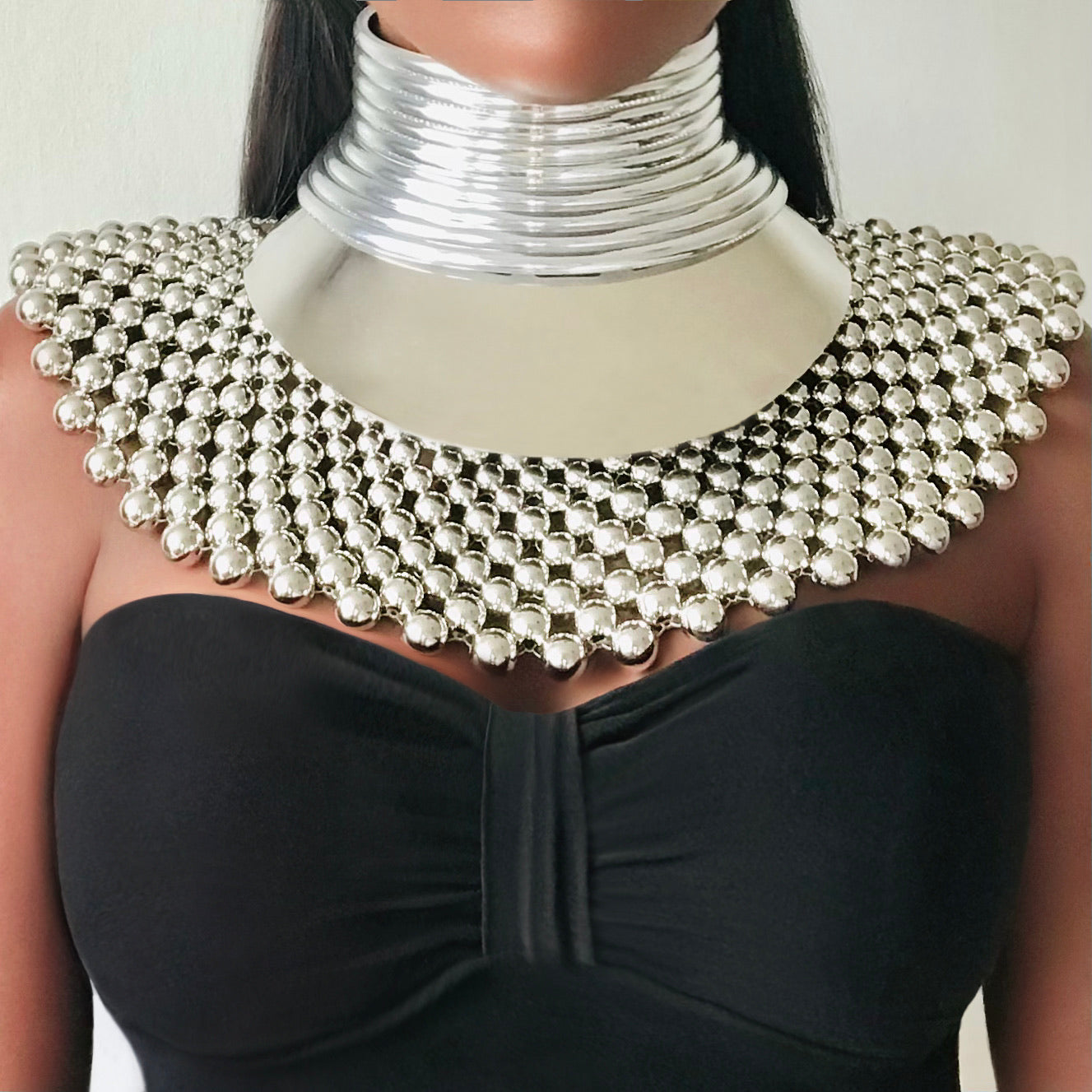 FAYOUM African Statement Maxi Silver Beaded Choker Necklace &  Bracelet