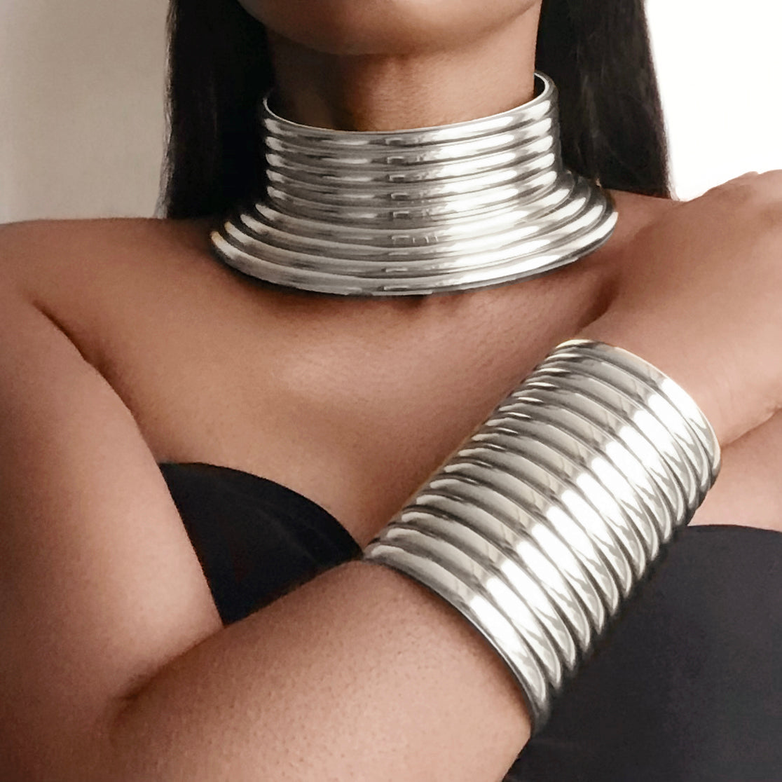 TANTA Silver Statement African Choker & Bracelet Set