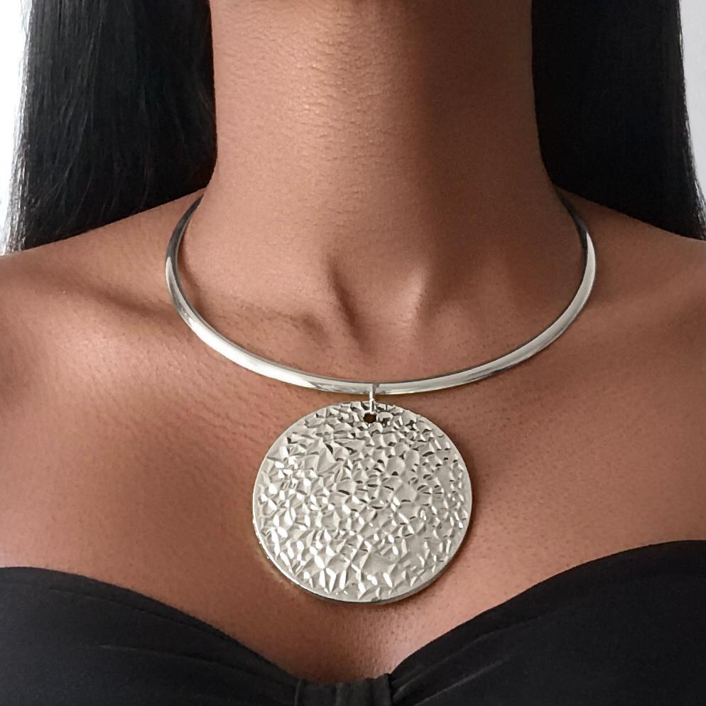 BEHEIRA Full Moon Circle Metal Pendant Silver Necklace