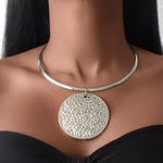Load image into Gallery viewer, BEHEIRA Full Moon Circle Metal Pendant Silver Necklace
