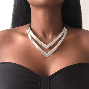 MAAT Minimalist Silver Double V-Shaped Choker Necklace