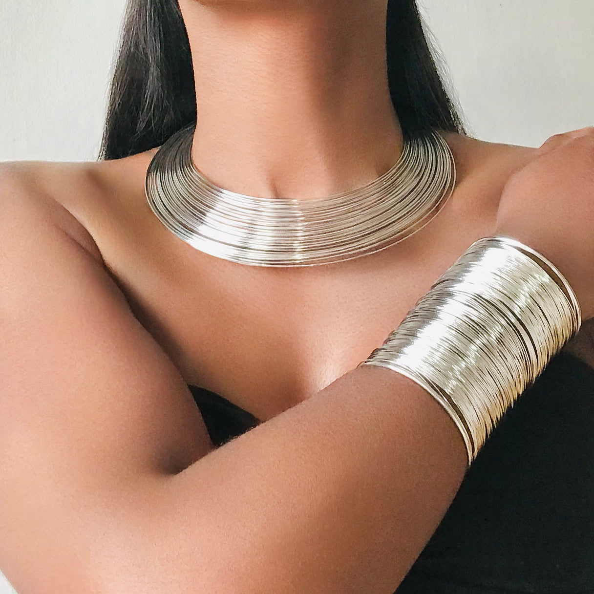 GODDESS Silver Bamboo Choker Necklace & Bracelet Set
