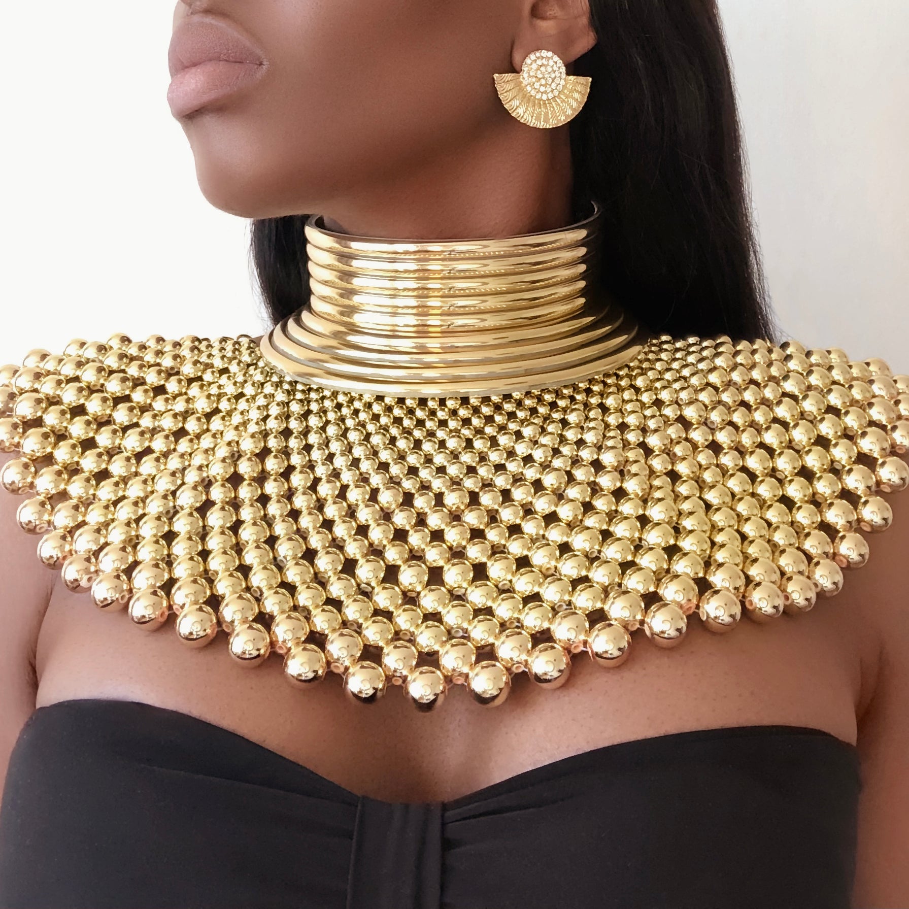 NEBETTAWY Gold Beaded Choker Necklace and Earrings