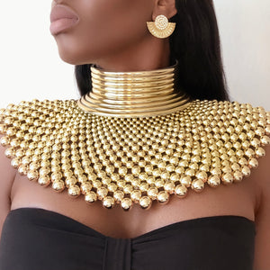 NEBETTAWY Gold Beaded Choker Necklace and Earrings