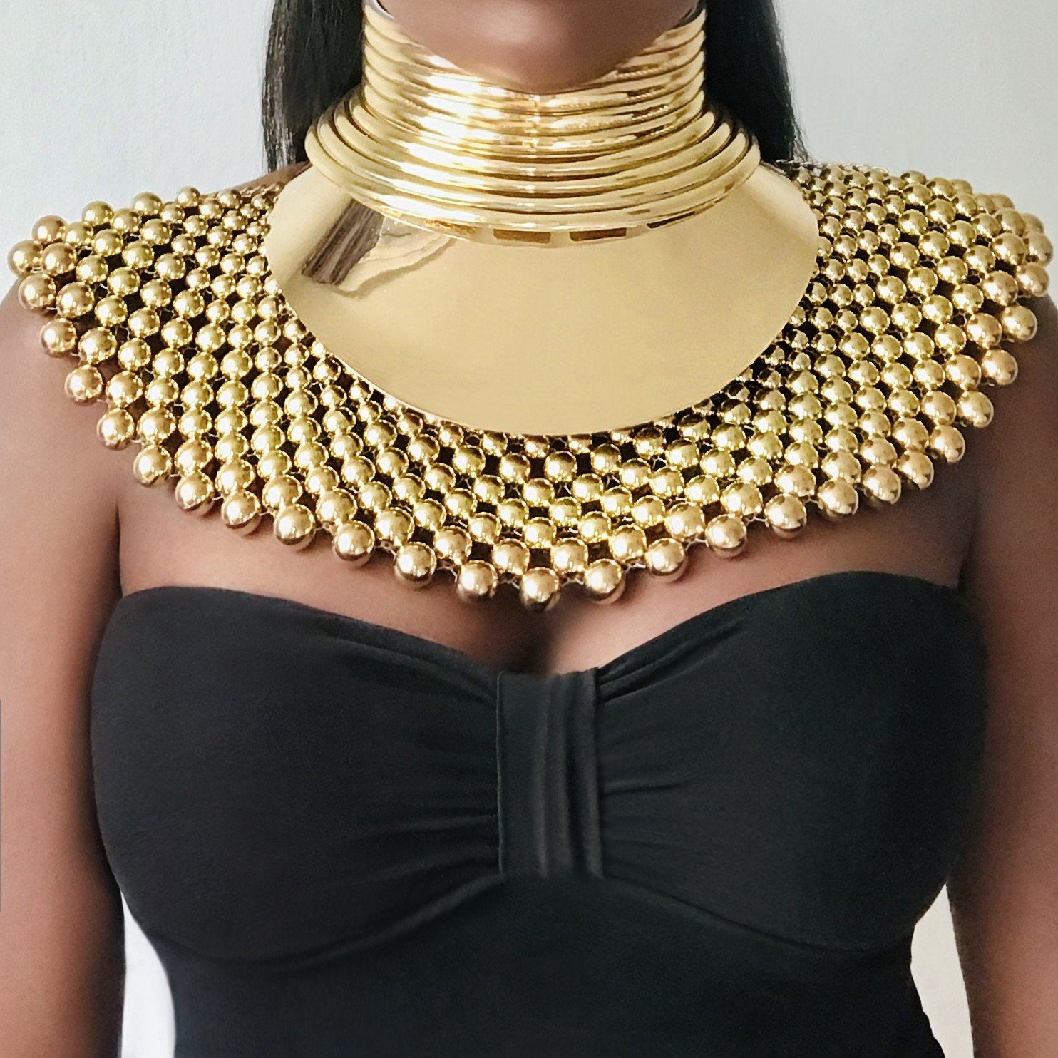 FAYOUM African Statement Maxi Beaded Choker Necklace Set 𝐉𝐚𝐫𝐥𝐢𝐚 𝐁𝐲 𝐉𝐨𝐥𝐢𝐧𝐚 Gold Set 