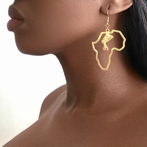 Nefertiti Africa Map Gold Plated Dangle Drop Earrings