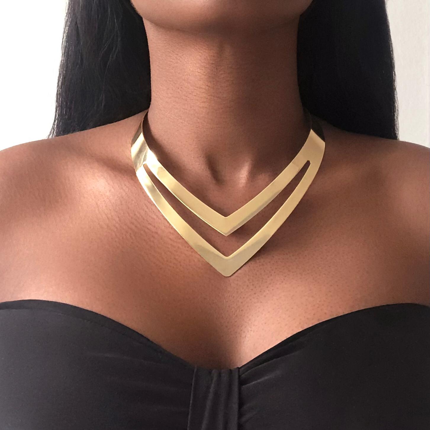 MAAT Minimalist Gold Double V-Shaped Choker Necklace